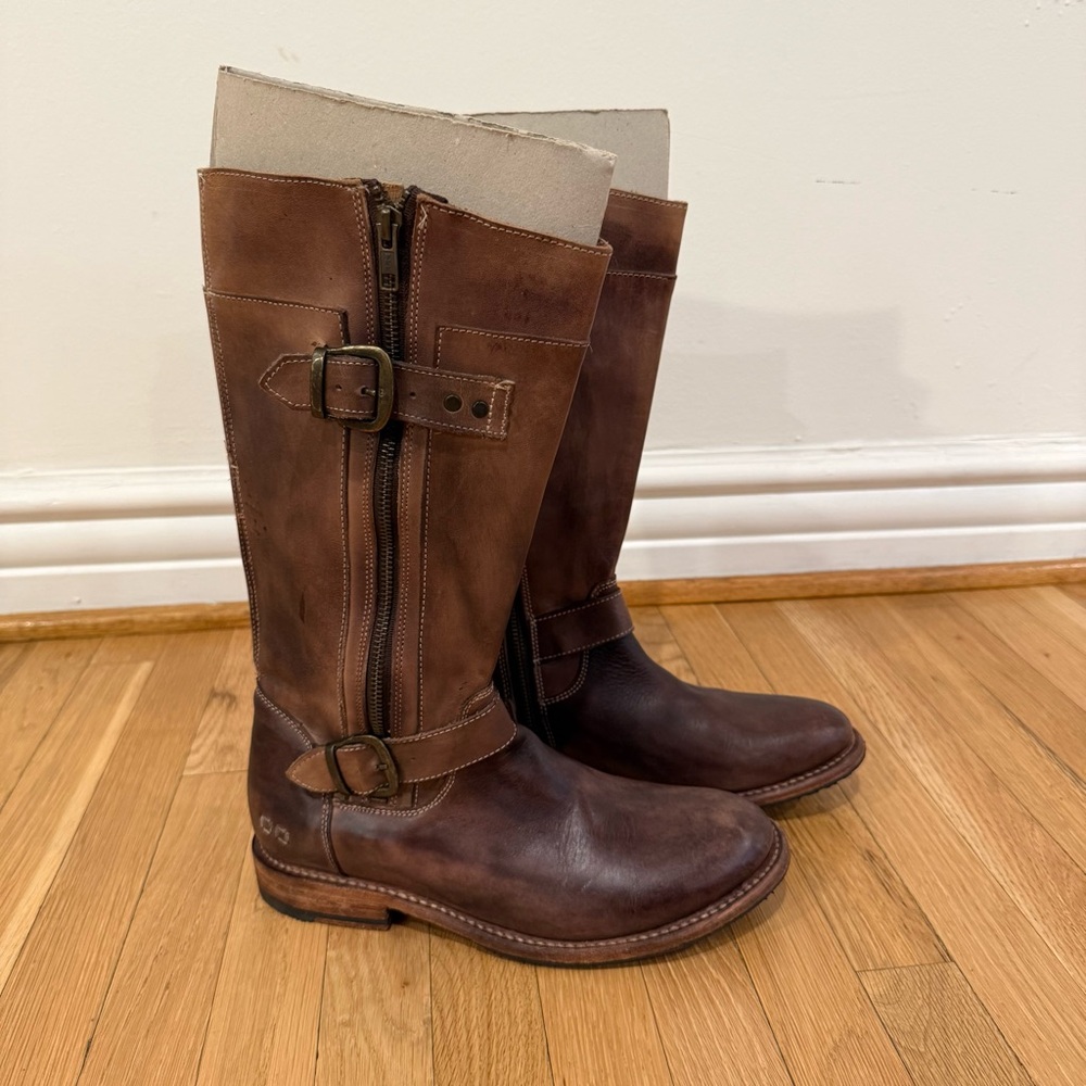 BED STU Gogo Lug Wide Calf Brown Leather Knee-High Boots